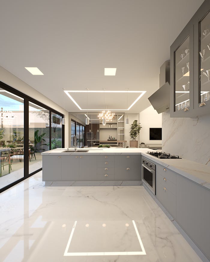 Spacious modern kitchen interior featuring marble countertops and sleek design in Brazil.